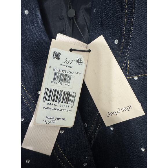 Cinq a Sept Blazer Womens 0 Blue Denim Embellished Studs Rhinestones Jacket NWT - Picture 4 of 12